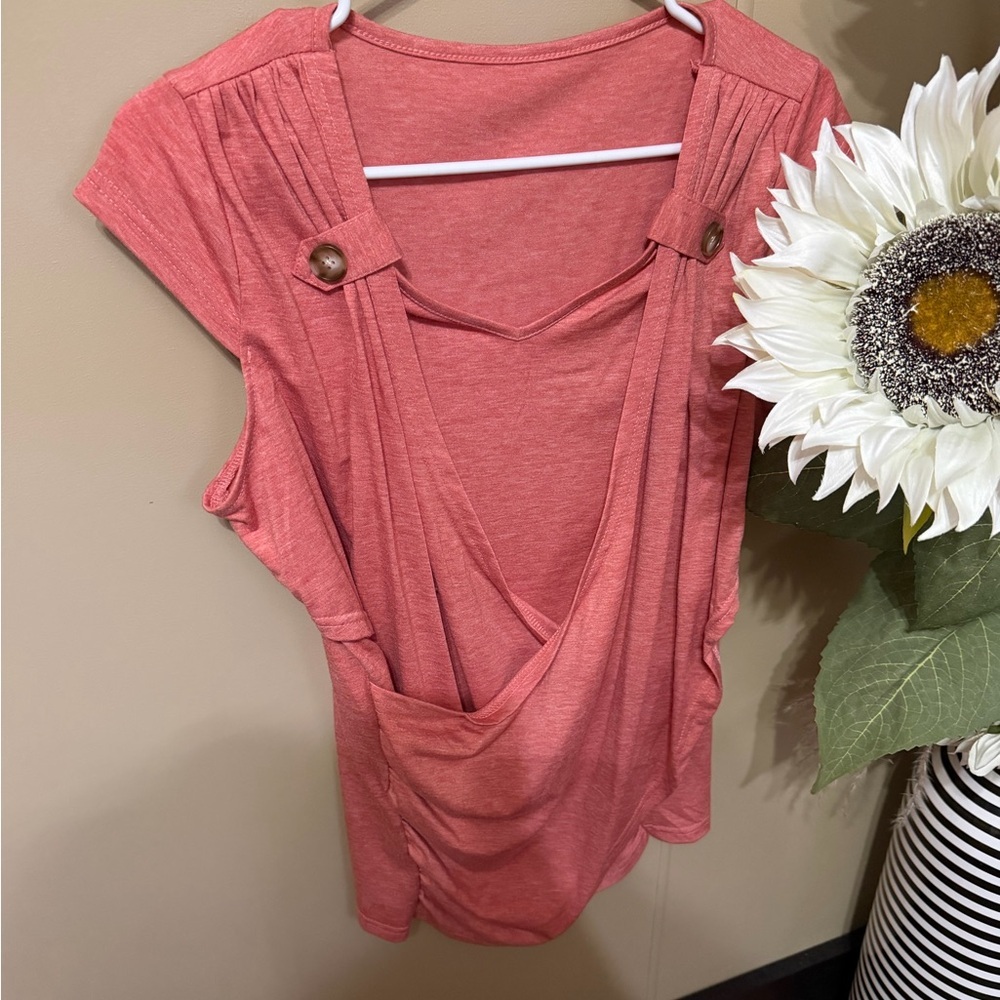 Women's Coral Draped Front Cap-Sleeve Top